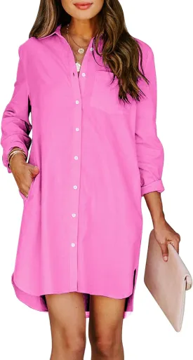 Womens Button Down Shirt Dresses with Pockets Cotton Button Up Tunics Long Sleeve Solid High Low Blouse Tops