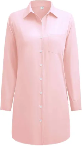 Womens Button Down Shirt Dresses with Pockets Cotton Button Up Tunics Long Sleeve Solid High Low Blouse Tops