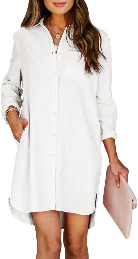 Womens Button Down Shirt Dresses with Pockets Cotton Button Up Tunics Long Sleeve Solid High Low Blouse Tops