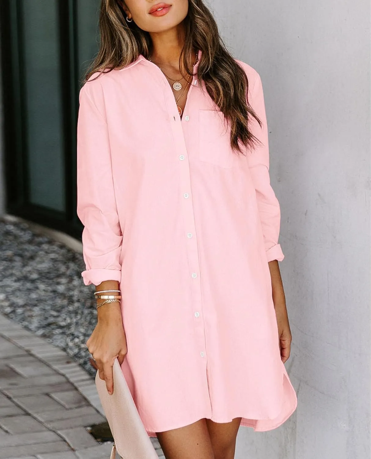 Womens Button Down Shirt Dresses with Pockets Cotton Button Up Tunics Long Sleeve Solid High Low Blouse Tops