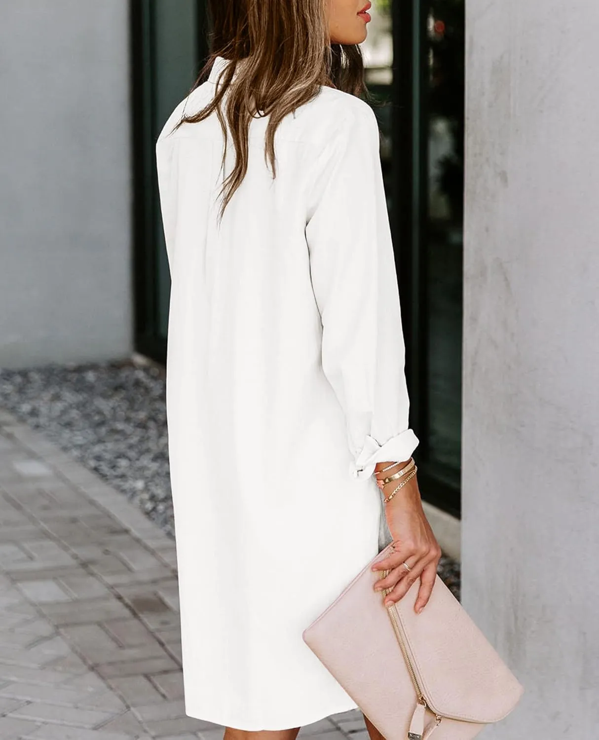 Womens Button Down Shirt Dresses with Pockets Cotton Button Up Tunics Long Sleeve Solid High Low Blouse Tops
