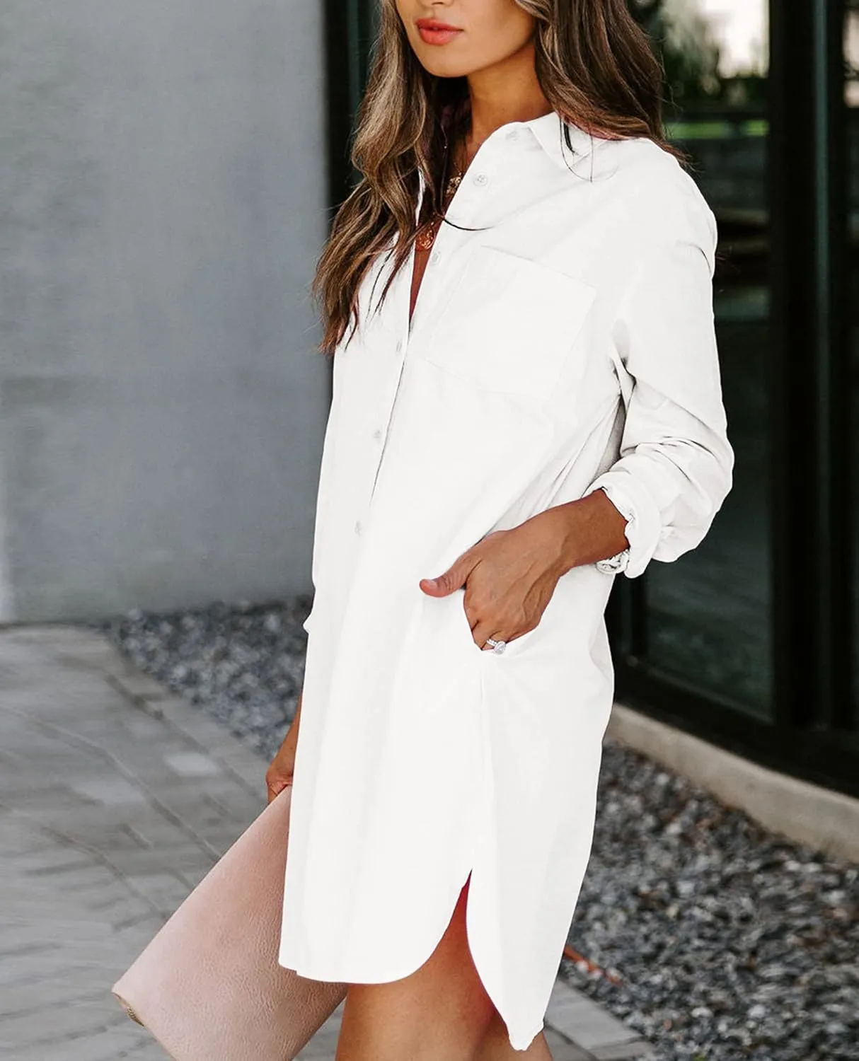 Womens Button Down Shirt Dresses with Pockets Cotton Button Up Tunics Long Sleeve Solid High Low Blouse Tops