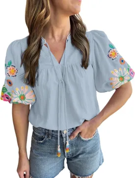 Women's Casual Floral Embroidered V Neck Boho Puff Short Sleeve Shirts Loose Tunic Summer Blouses Tops Fashion Clothes 2025