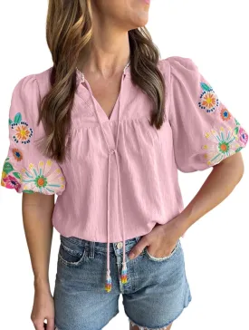 Women's Casual Floral Embroidered V Neck Boho Puff Short Sleeve Shirts Loose Tunic Summer Blouses Tops Fashion Clothes 2025