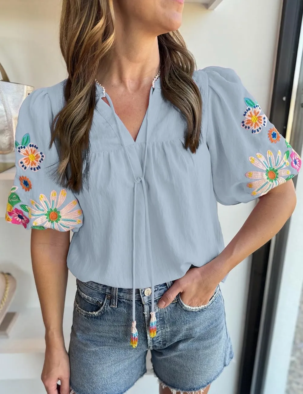 Women's Casual Floral Embroidered V Neck Boho Puff Short Sleeve Shirts Loose Tunic Summer Blouses Tops Fashion Clothes 2025