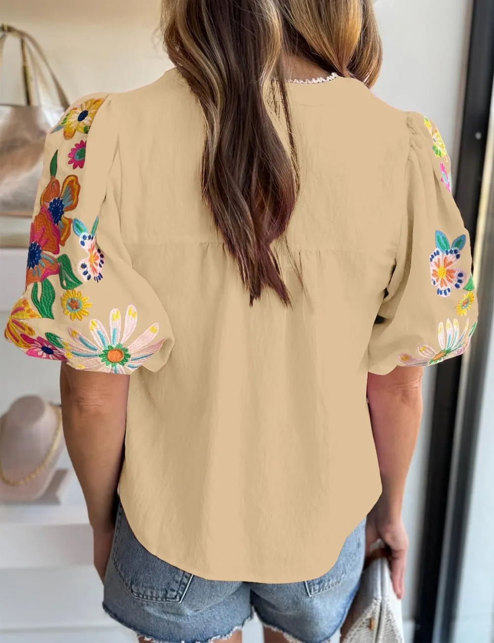 Women's Casual Floral Embroidered V Neck Boho Puff Short Sleeve Shirts Loose Tunic Summer Blouses Tops Fashion Clothes 2025
