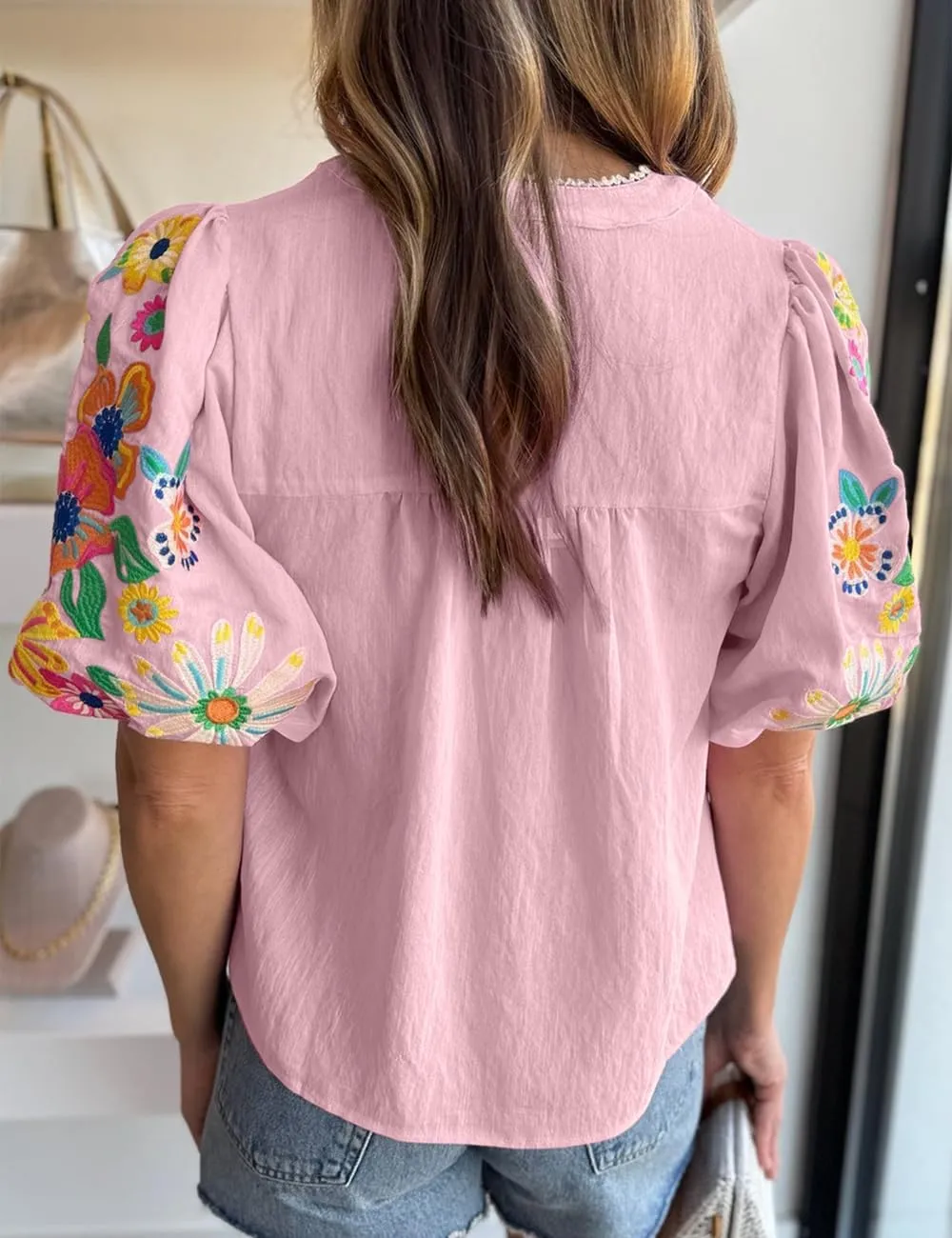 Women's Casual Floral Embroidered V Neck Boho Puff Short Sleeve Shirts Loose Tunic Summer Blouses Tops Fashion Clothes 2025