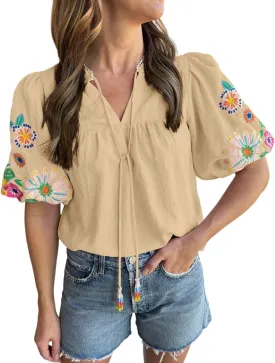 Women's Casual Floral Embroidered V Neck Boho Puff Short Sleeve Shirts Loose Tunic Summer Blouses Tops Fashion Clothes 2025