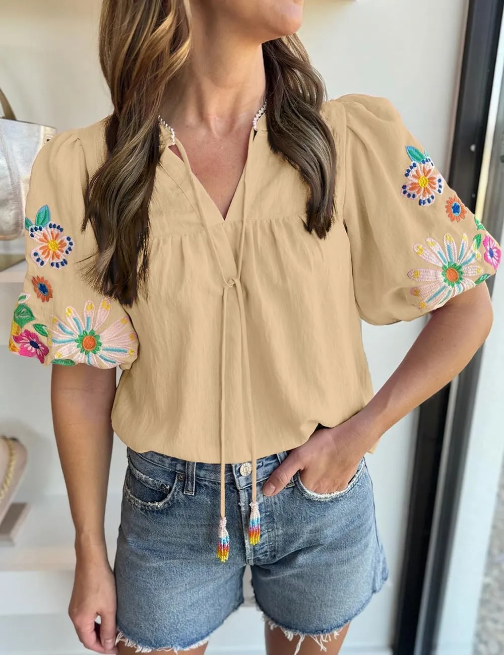Women's Casual Floral Embroidered V Neck Boho Puff Short Sleeve Shirts Loose Tunic Summer Blouses Tops Fashion Clothes 2025