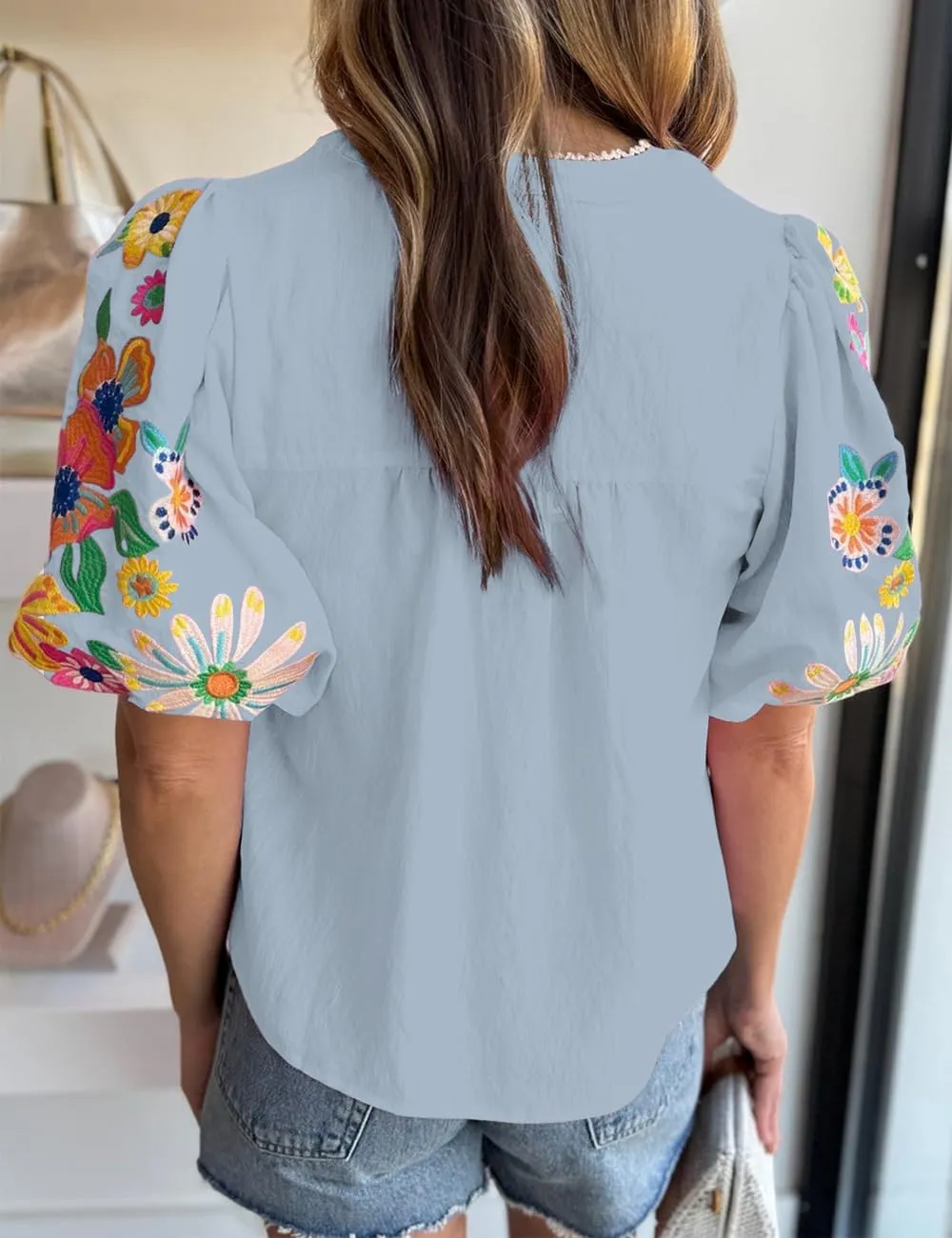 Women's Casual Floral Embroidered V Neck Boho Puff Short Sleeve Shirts Loose Tunic Summer Blouses Tops Fashion Clothes 2025