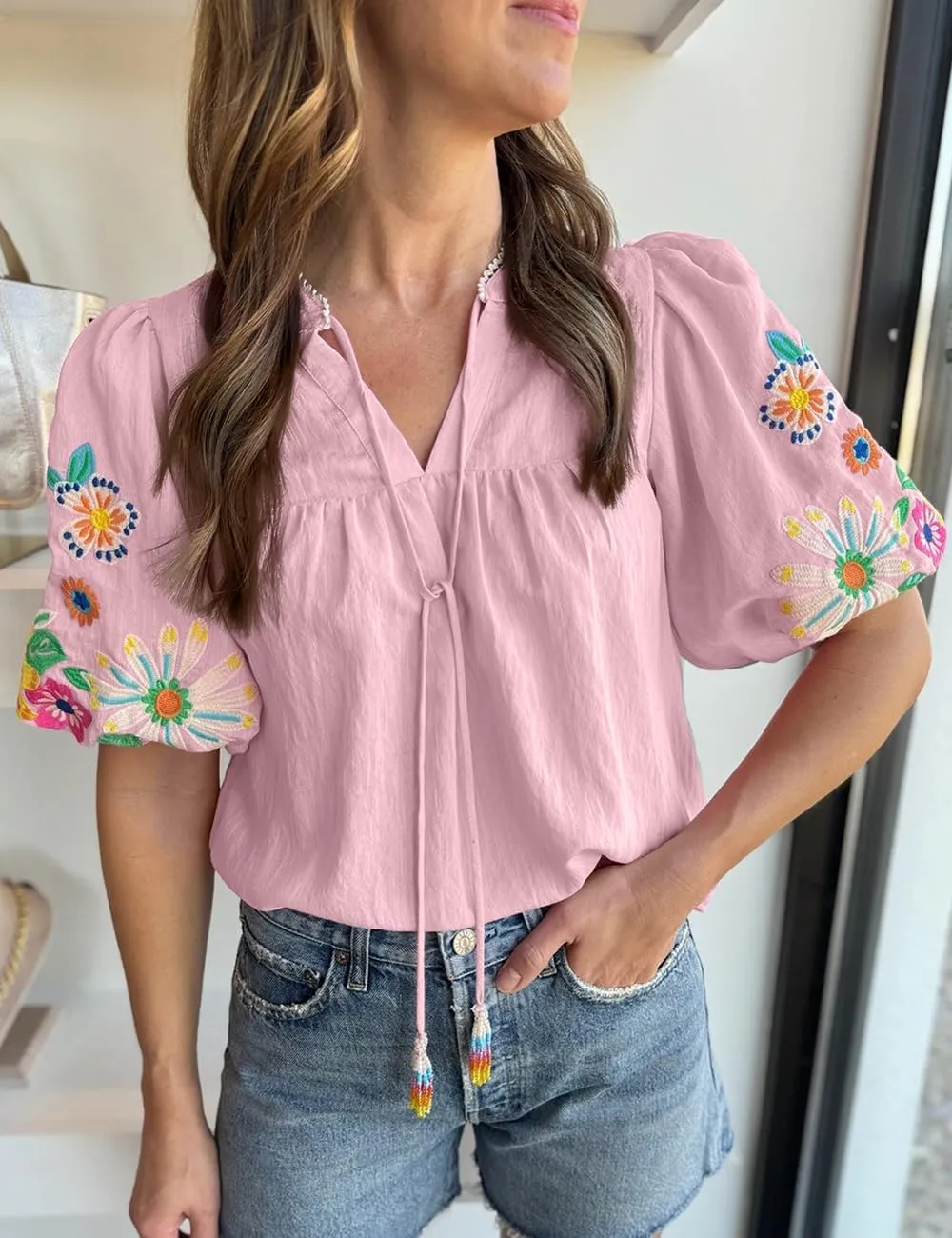 Women's Casual Floral Embroidered V Neck Boho Puff Short Sleeve Shirts Loose Tunic Summer Blouses Tops Fashion Clothes 2025