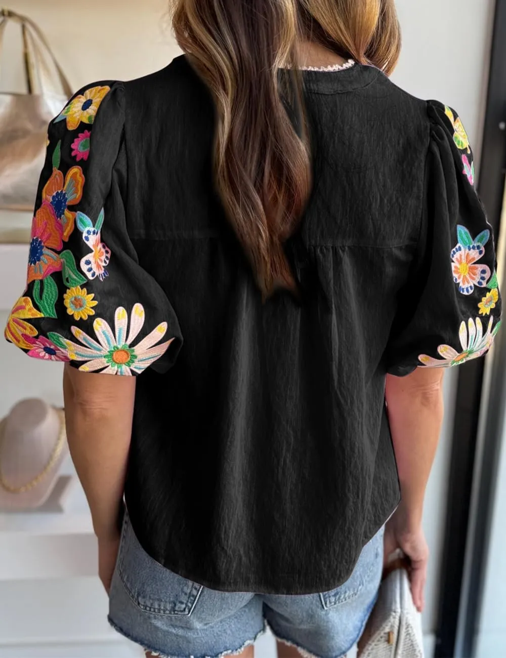 Women's Casual Floral Embroidered V Neck Boho Puff Short Sleeve Shirts Loose Tunic Summer Blouses Tops Fashion Clothes 2025