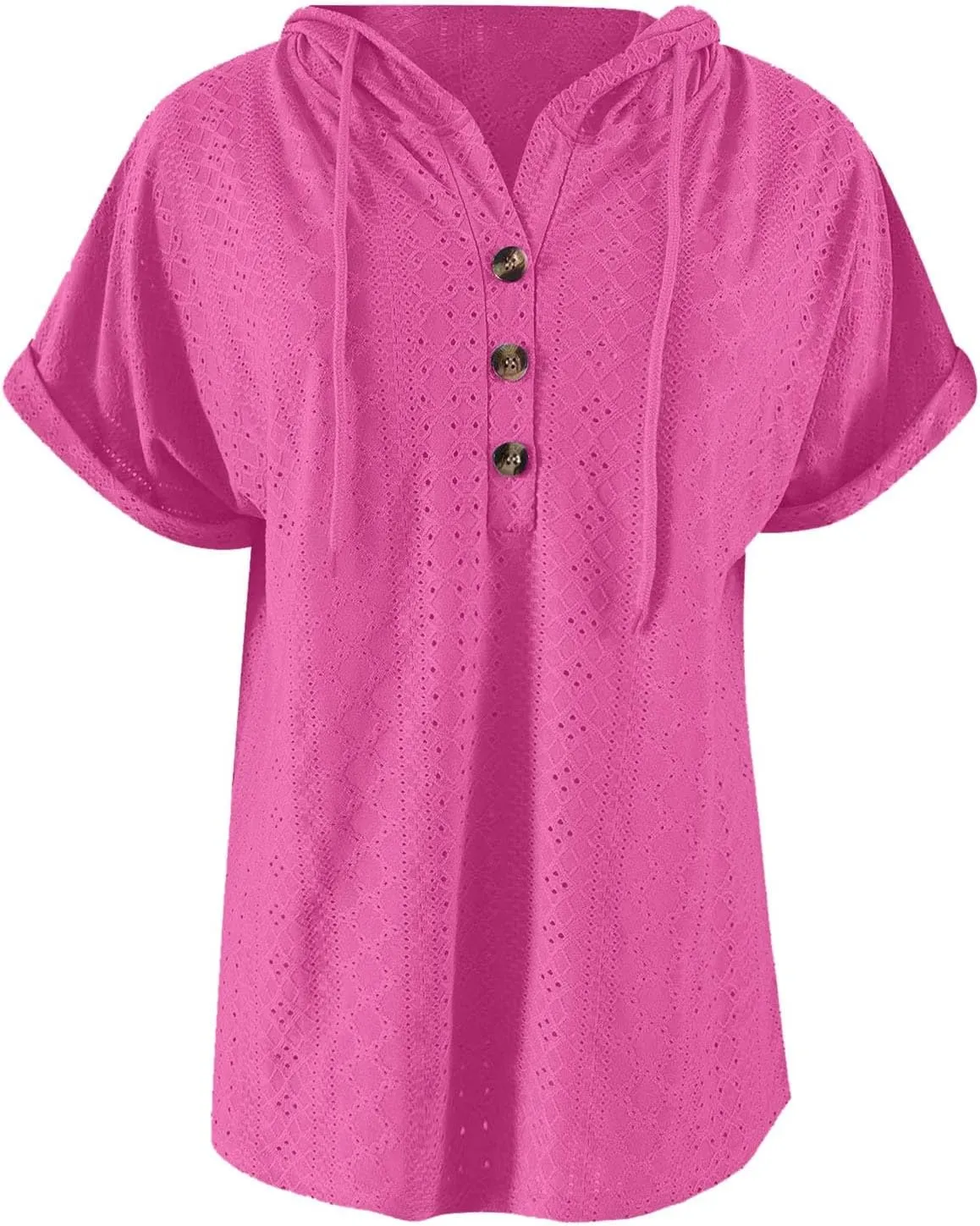 Women's Casual Summer Tops Short Sleeve Drawstring Hoodies Button V Neck T-Shirts Loose Fit Pullover Hooded Blouse