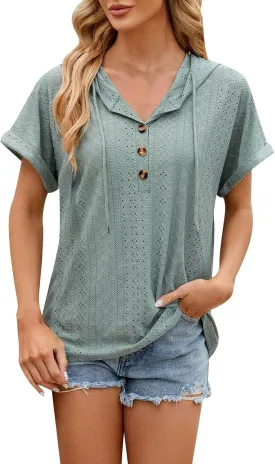Women's Casual Summer Tops Short Sleeve Drawstring Hoodies Button V Neck T-Shirts Loose Fit Pullover Hooded Blouse