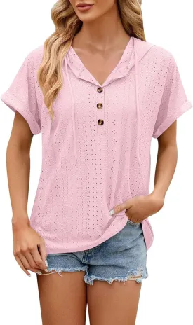 Women's Casual Summer Tops Short Sleeve Drawstring Hoodies Button V Neck T-Shirts Loose Fit Pullover Hooded Blouse