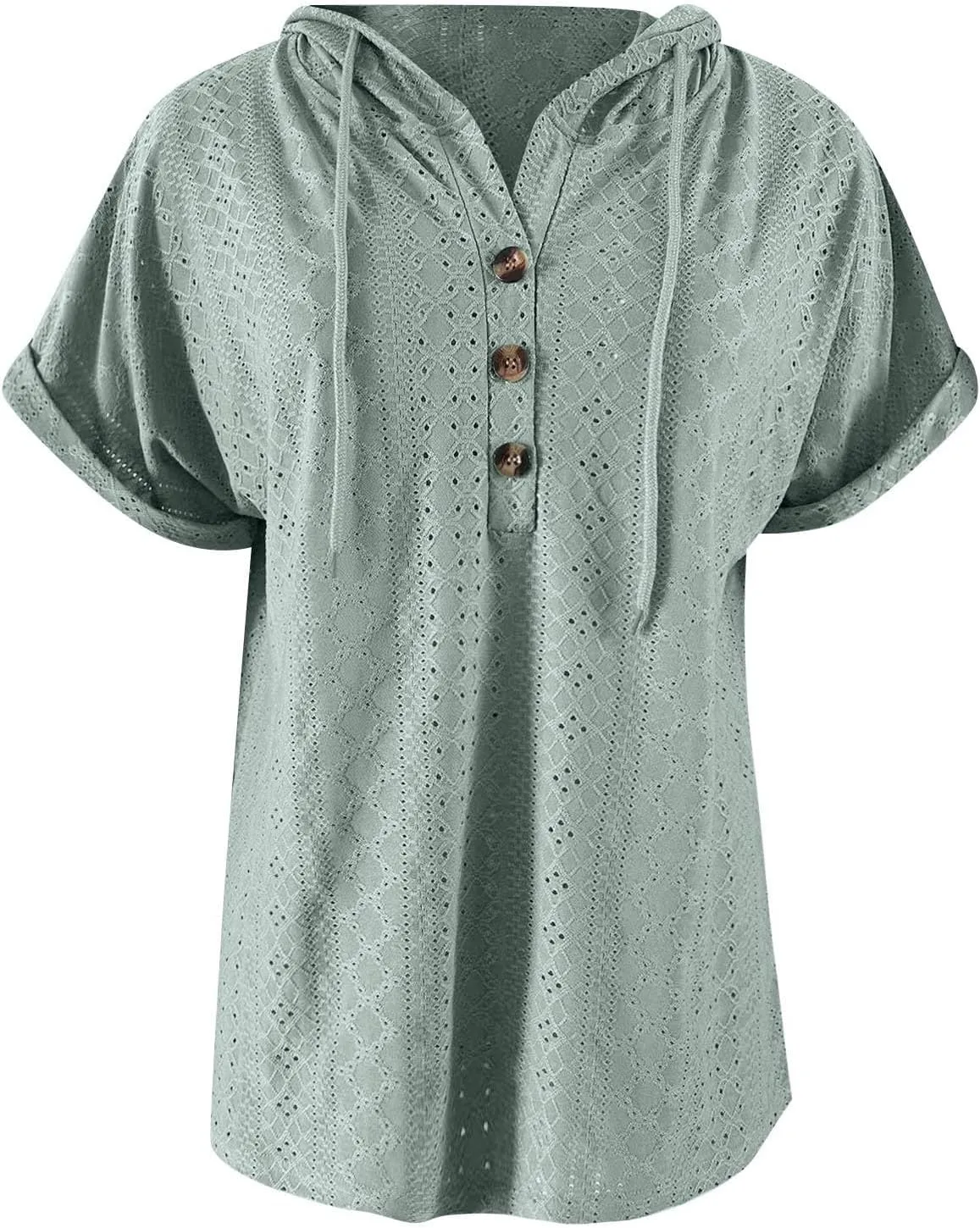 Women's Casual Summer Tops Short Sleeve Drawstring Hoodies Button V Neck T-Shirts Loose Fit Pullover Hooded Blouse
