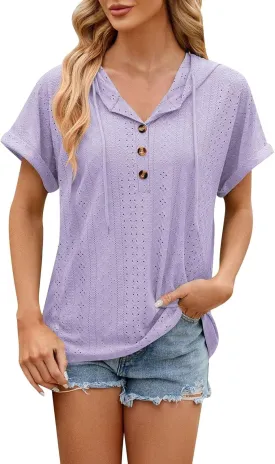 Women's Casual Summer Tops Short Sleeve Drawstring Hoodies Button V Neck T-Shirts Loose Fit Pullover Hooded Blouse