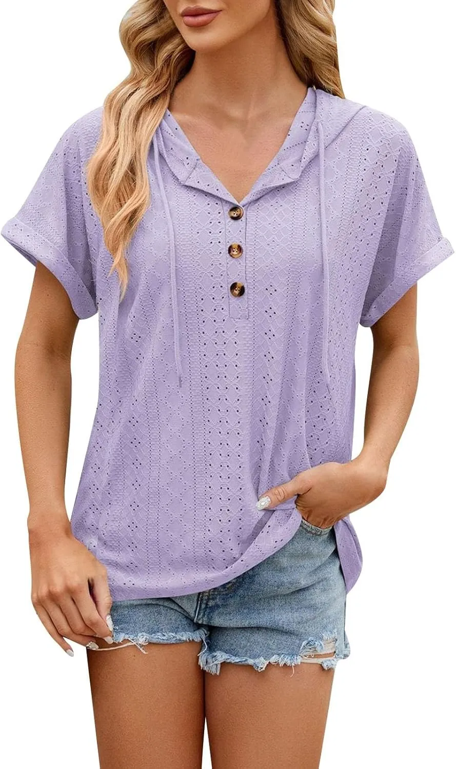 Women's Casual Summer Tops Short Sleeve Drawstring Hoodies Button V Neck T-Shirts Loose Fit Pullover Hooded Blouse