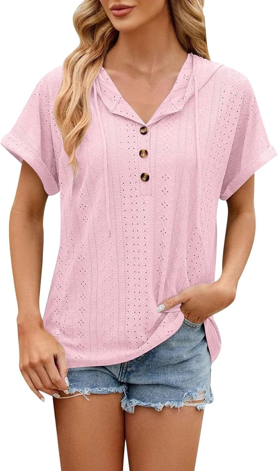 Women's Casual Summer Tops Short Sleeve Drawstring Hoodies Button V Neck T-Shirts Loose Fit Pullover Hooded Blouse