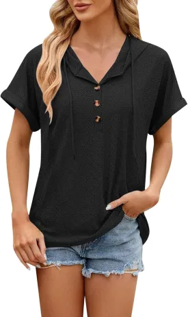 Women's Casual Summer Tops Short Sleeve Drawstring Hoodies Button V Neck T-Shirts Loose Fit Pullover Hooded Blouse