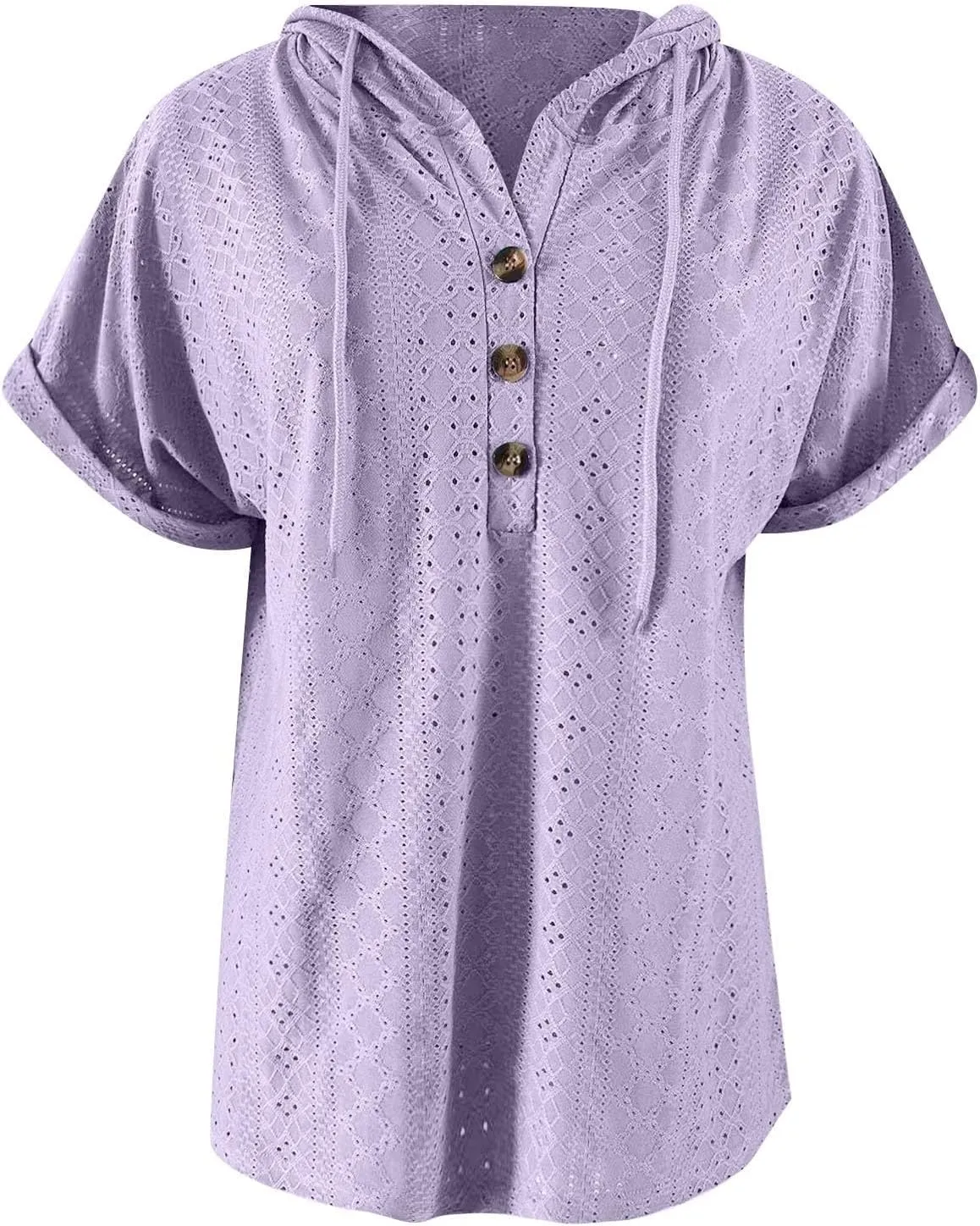 Women's Casual Summer Tops Short Sleeve Drawstring Hoodies Button V Neck T-Shirts Loose Fit Pullover Hooded Blouse