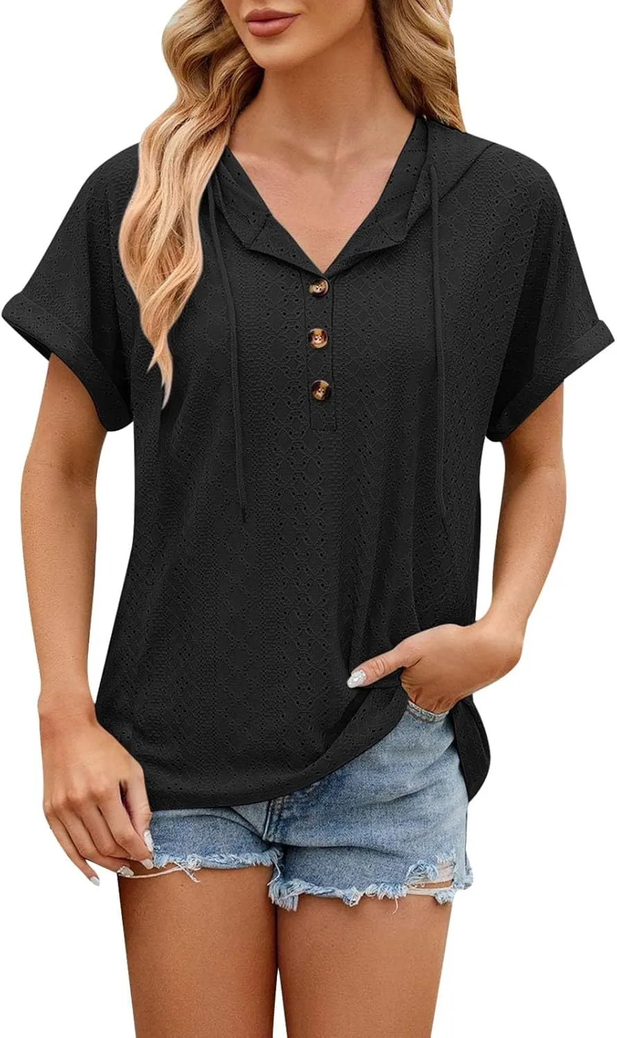 Women's Casual Summer Tops Short Sleeve Drawstring Hoodies Button V Neck T-Shirts Loose Fit Pullover Hooded Blouse