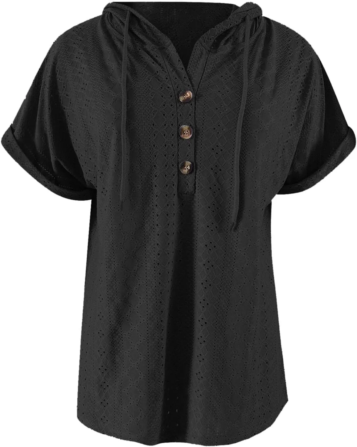 Women's Casual Summer Tops Short Sleeve Drawstring Hoodies Button V Neck T-Shirts Loose Fit Pullover Hooded Blouse