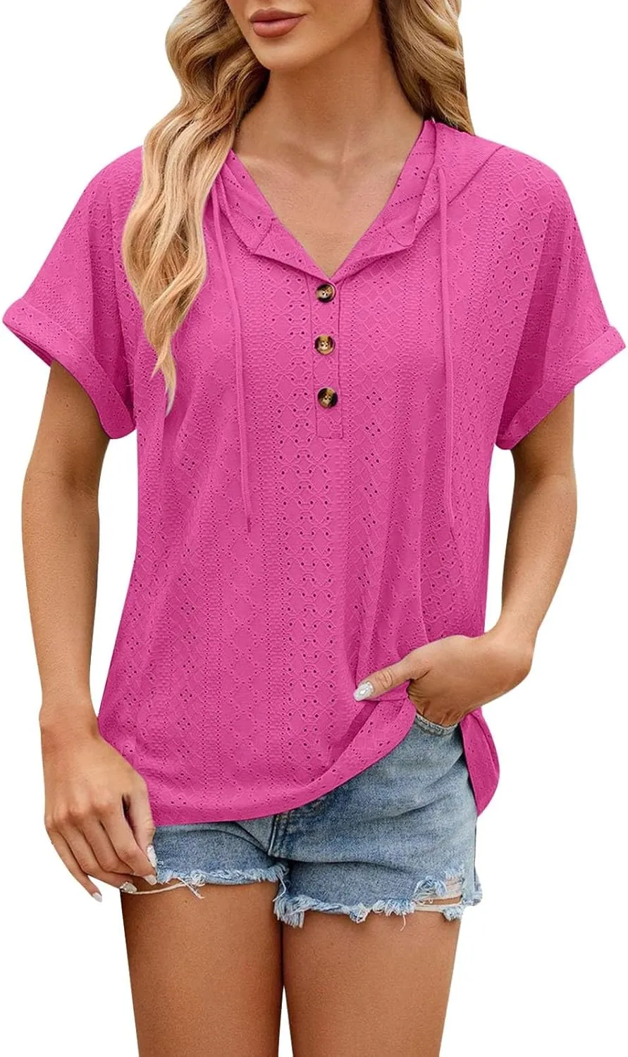 Women's Casual Summer Tops Short Sleeve Drawstring Hoodies Button V Neck T-Shirts Loose Fit Pullover Hooded Blouse