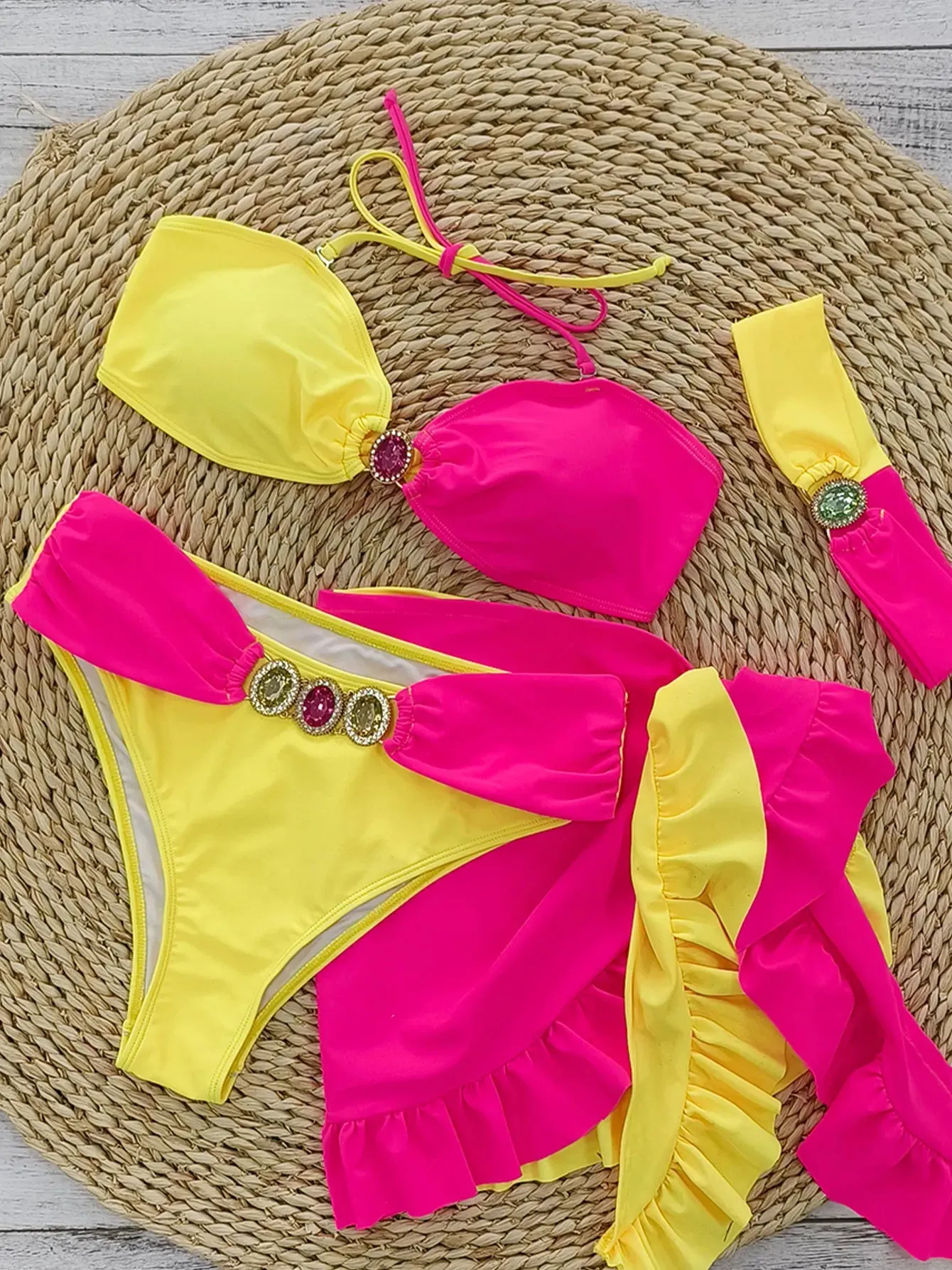 Women's Pink Color-Block 3 Piece Swimwear Set with Headband