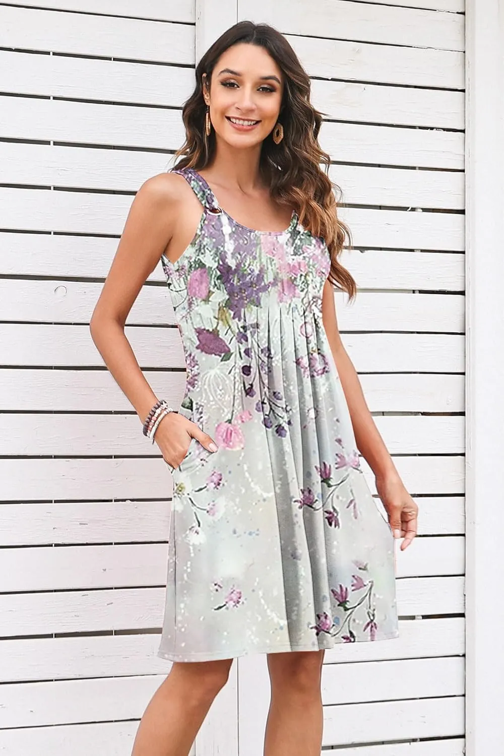 Womens Summer Dresses Pleated Front Flowy Swing Sundresses Vacation Beach Casual Tank Dress with Pockets