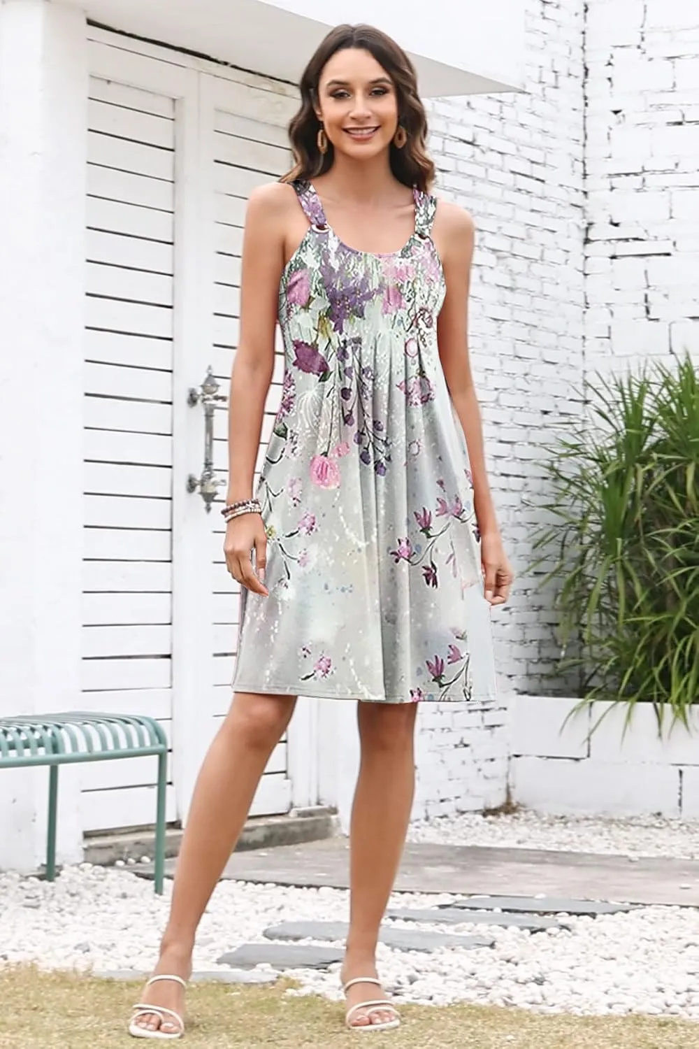 Womens Summer Dresses Pleated Front Flowy Swing Sundresses Vacation Beach Casual Tank Dress with Pockets