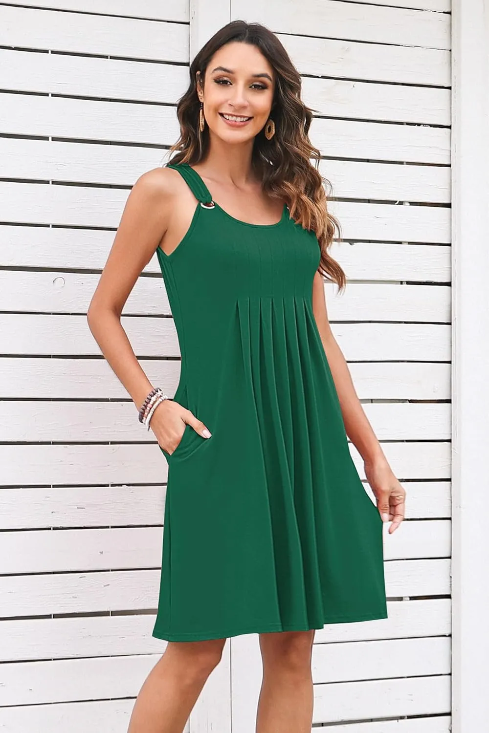 Womens Summer Dresses Pleated Front Flowy Swing Sundresses Vacation Beach Casual Tank Dress with Pockets
