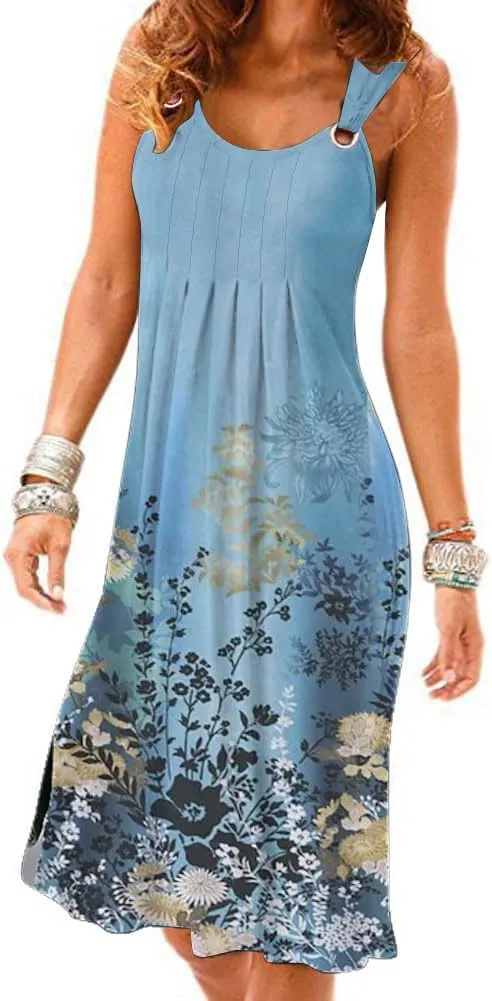 Womens Summer Dresses Pleated Front Flowy Swing Sundresses Vacation Beach Casual Tank Dress with Pockets
