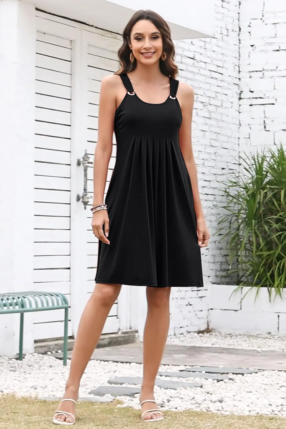 Womens Summer Dresses Pleated Front Flowy Swing Sundresses Vacation Beach Casual Tank Dress with Pockets