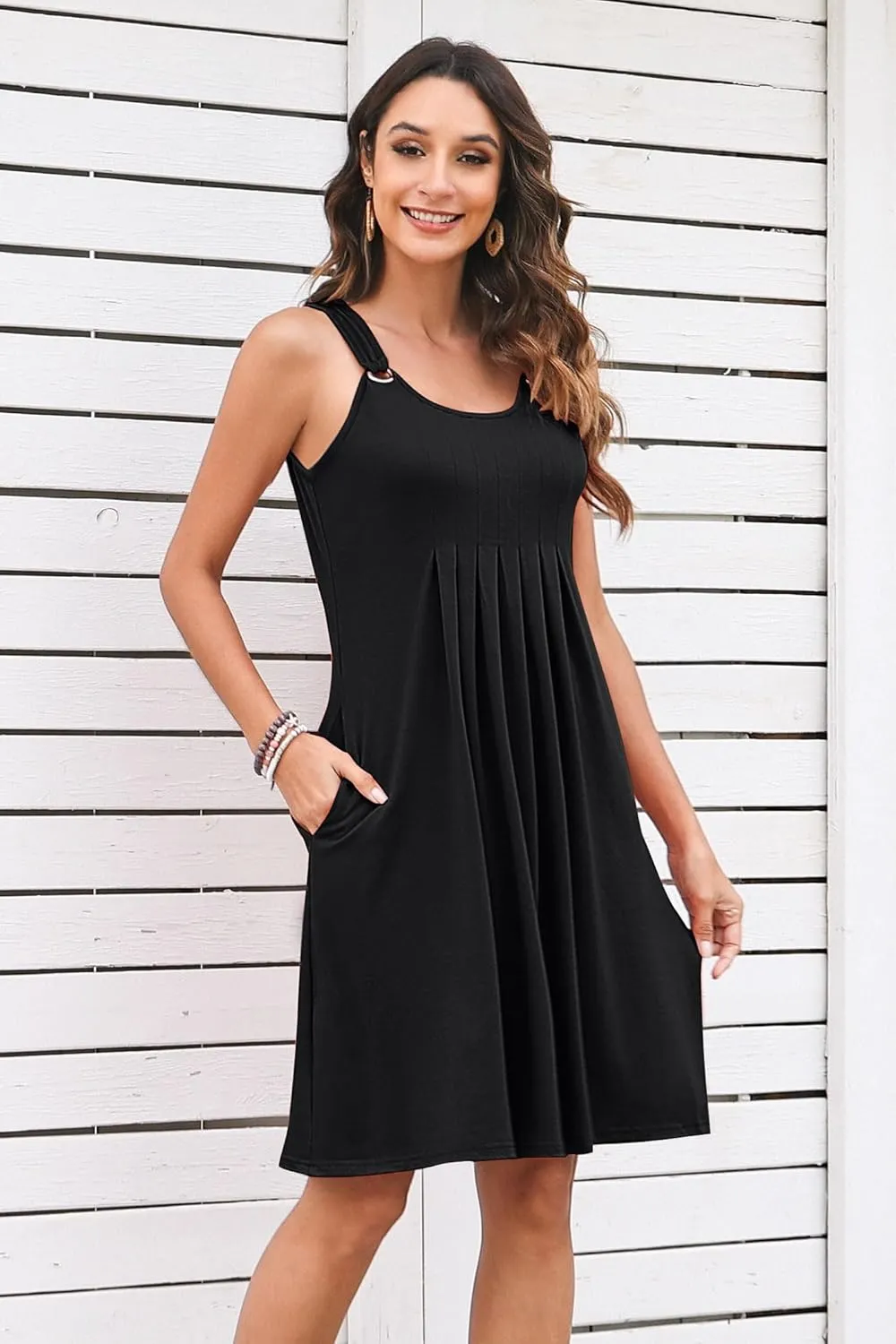 Womens Summer Dresses Pleated Front Flowy Swing Sundresses Vacation Beach Casual Tank Dress with Pockets