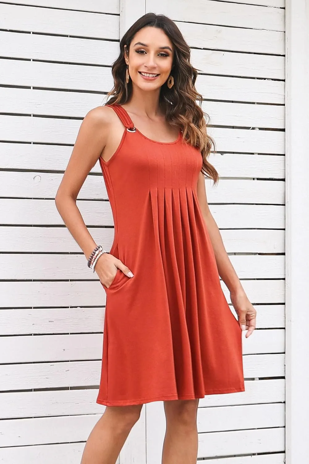 Womens Summer Dresses Pleated Front Flowy Swing Sundresses Vacation Beach Casual Tank Dress with Pockets