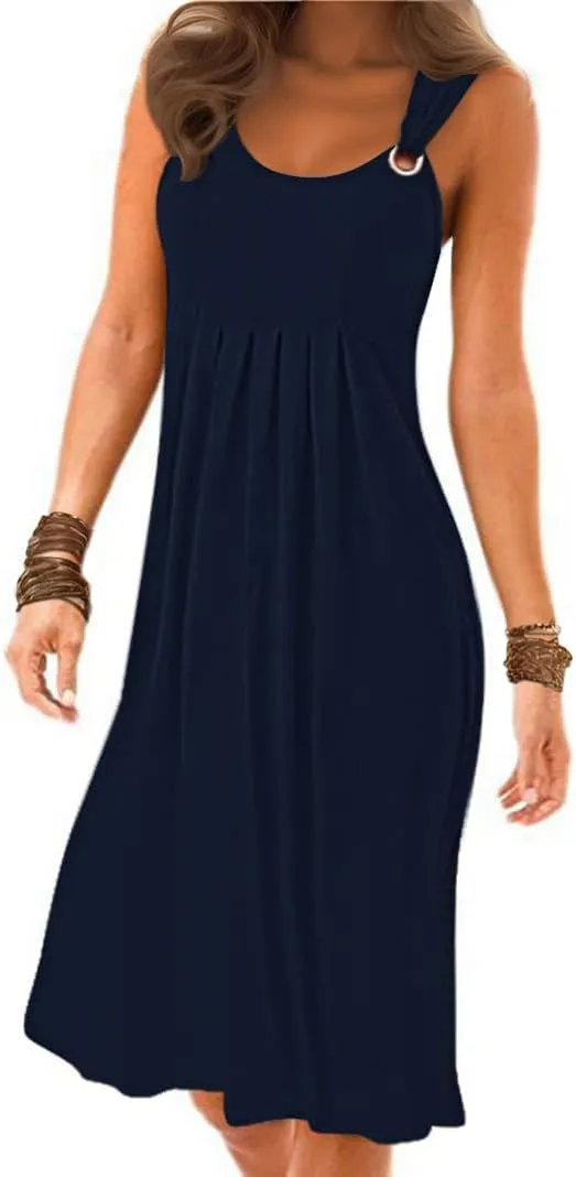 Womens Summer Dresses Pleated Front Flowy Swing Sundresses Vacation Beach Casual Tank Dress with Pockets