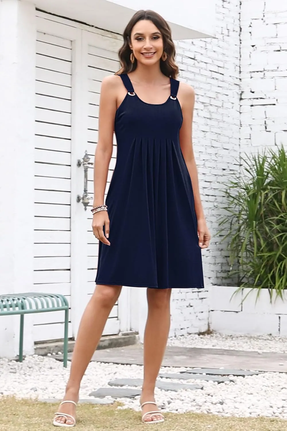 Womens Summer Dresses Pleated Front Flowy Swing Sundresses Vacation Beach Casual Tank Dress with Pockets