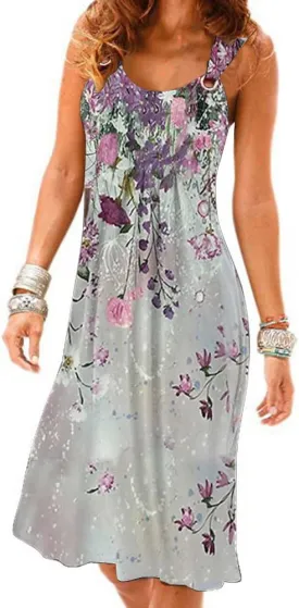 Womens Summer Dresses Pleated Front Flowy Swing Sundresses Vacation Beach Casual Tank Dress with Pockets