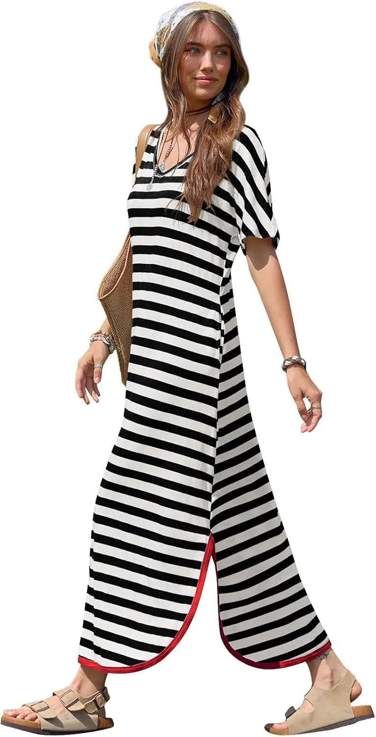 Yousify Dresses for Women 2025 Casual Summer Short Sleeve V Neck Striped Split Hem Maxi Long Dress with Pockets