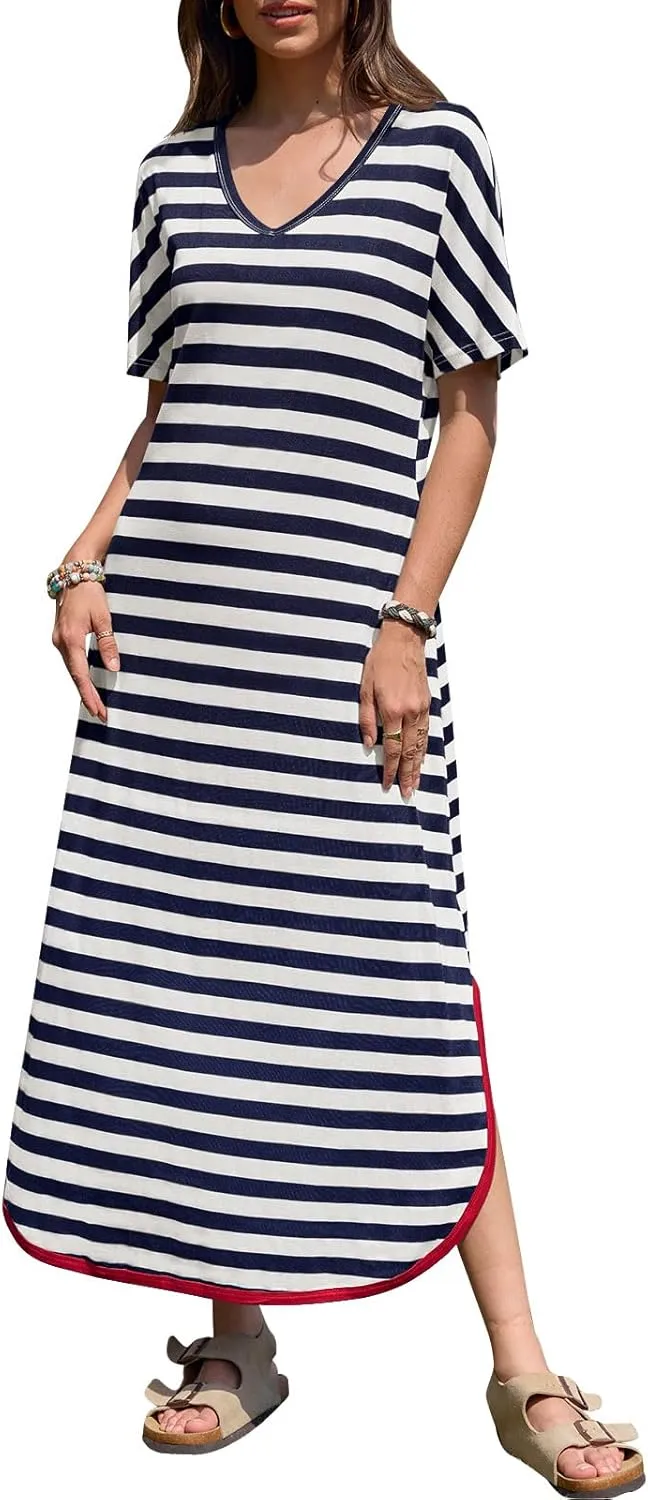 Yousify Dresses for Women 2025 Casual Summer Short Sleeve V Neck Striped Split Hem Maxi Long Dress with Pockets