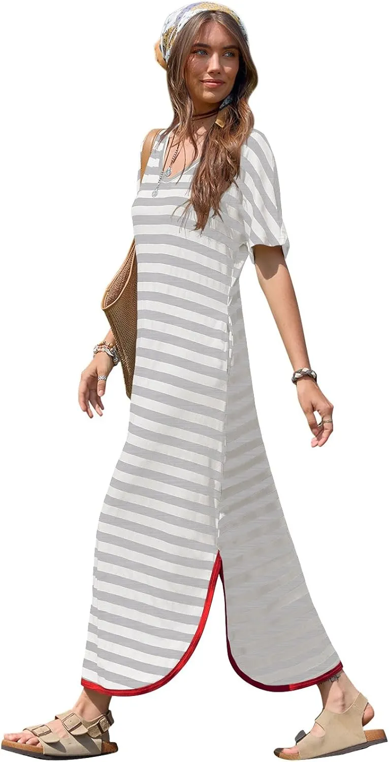 Yousify Dresses for Women 2025 Casual Summer Short Sleeve V Neck Striped Split Hem Maxi Long Dress with Pockets
