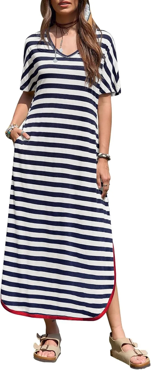 Yousify Dresses for Women 2025 Casual Summer Short Sleeve V Neck Striped Split Hem Maxi Long Dress with Pockets