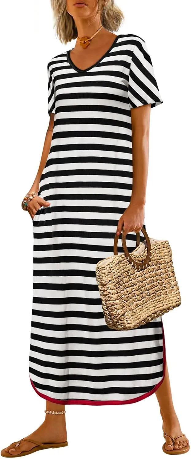 Yousify Dresses for Women 2025 Casual Summer Short Sleeve V Neck Striped Split Hem Maxi Long Dress with Pockets