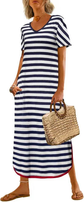 Yousify Dresses for Women 2025 Casual Summer Short Sleeve V Neck Striped Split Hem Maxi Long Dress with Pockets
