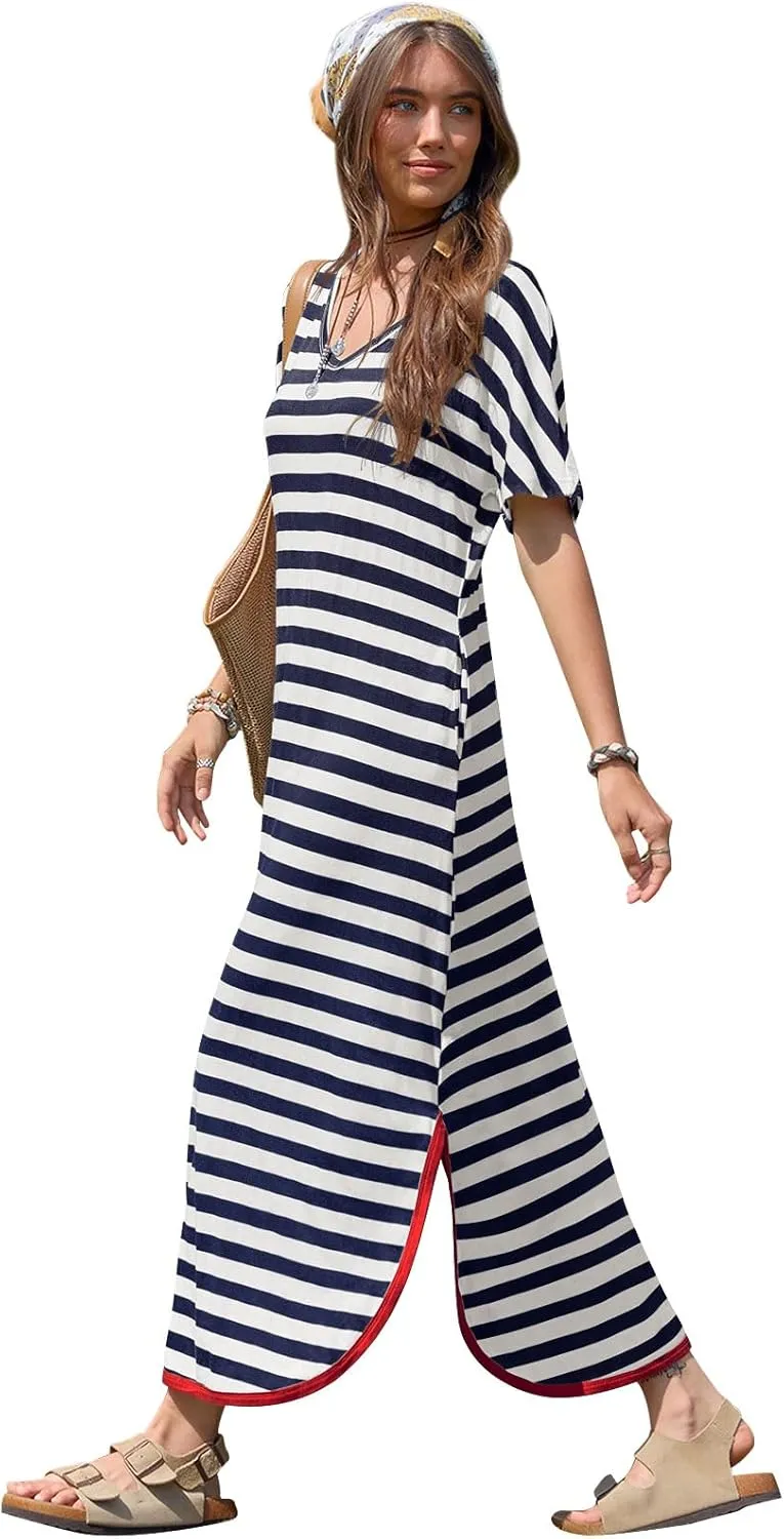 Yousify Dresses for Women 2025 Casual Summer Short Sleeve V Neck Striped Split Hem Maxi Long Dress with Pockets