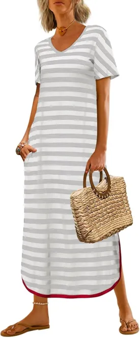 Yousify Dresses for Women 2025 Casual Summer Short Sleeve V Neck Striped Split Hem Maxi Long Dress with Pockets