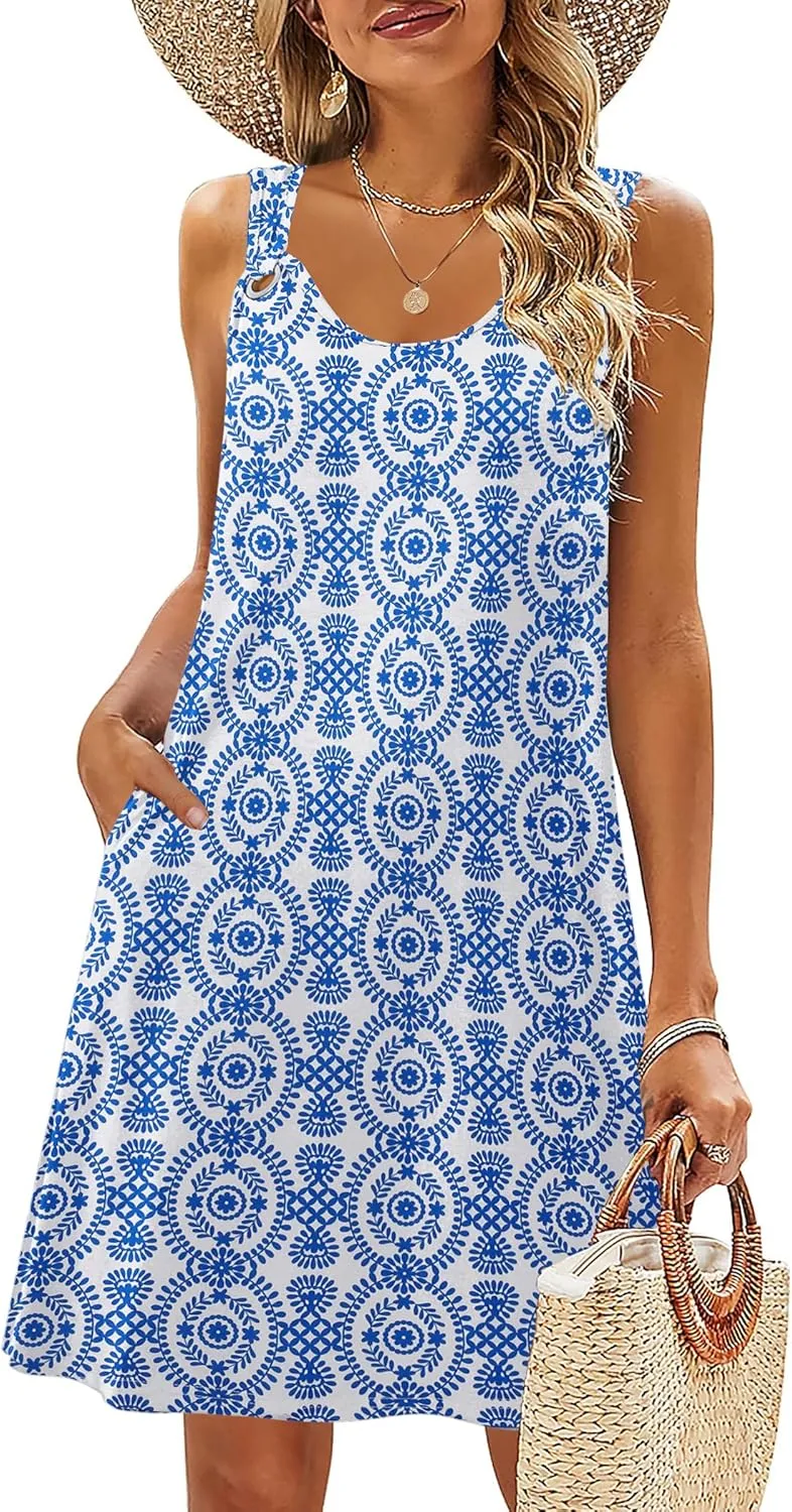 Zeagoo Summer Dresses for Women Boho Beach Dress Sleeveless Sundresses with Pockets Casual Loose Tank Tshirt Sun Dress